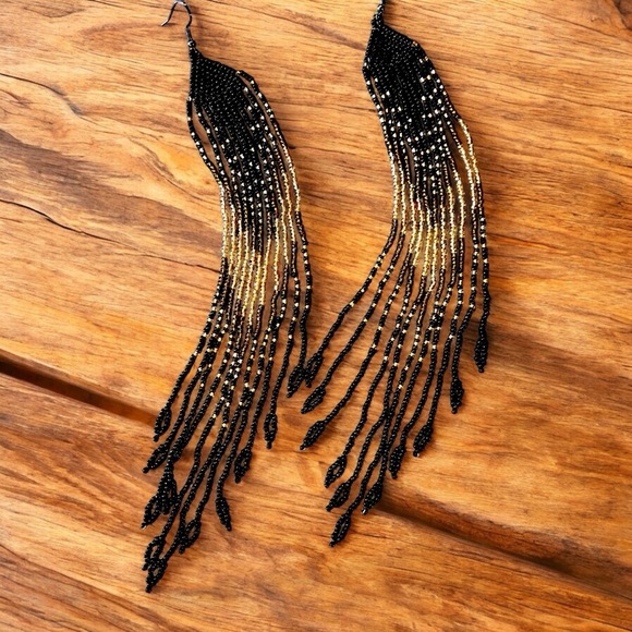 Sexy Dramatic Black and Gold Glass Beaded Fringe Earrings Handmade - Picture 3 of 16